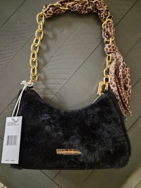 Faux Fur Black Shoulder Bag with Gold Chain and Leopard Scarf